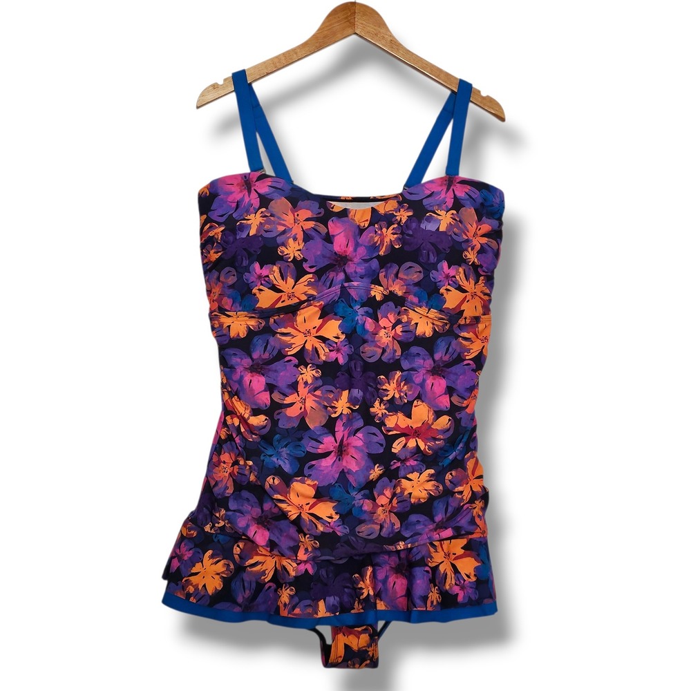 Mazu Swim Swimdress 20W Womens Purple Floral Ruffle Skirted One Piece Swimsuit